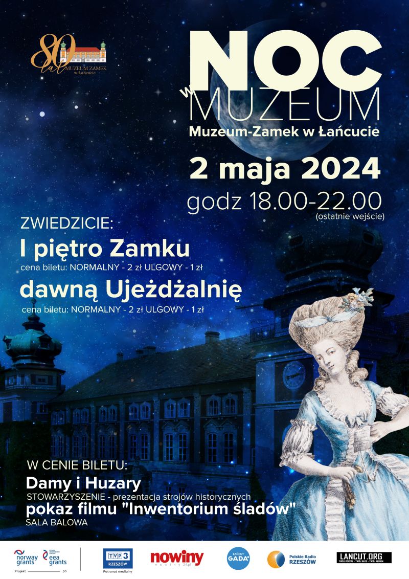 Plakat Noc Muzeów - na pierwszym planie dama - księżna marszałkowa, w tle zamek pod osłoną nocy, rozgwieżdżone niebo, księżyc. Dane - jak w tekście.